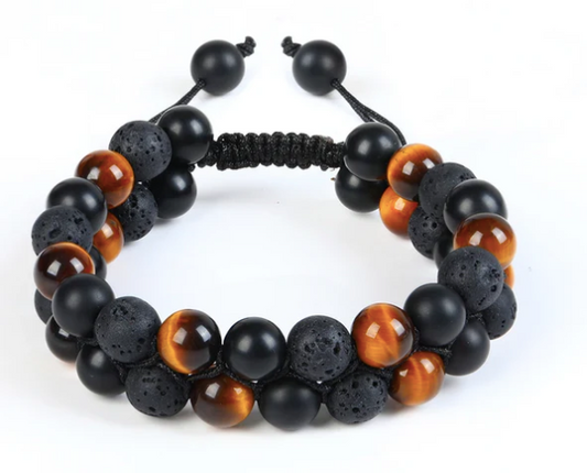 Double Stacked Tiger Eye, Black Magnet & Lava Rock Bracelet (Unisex, Handmade)