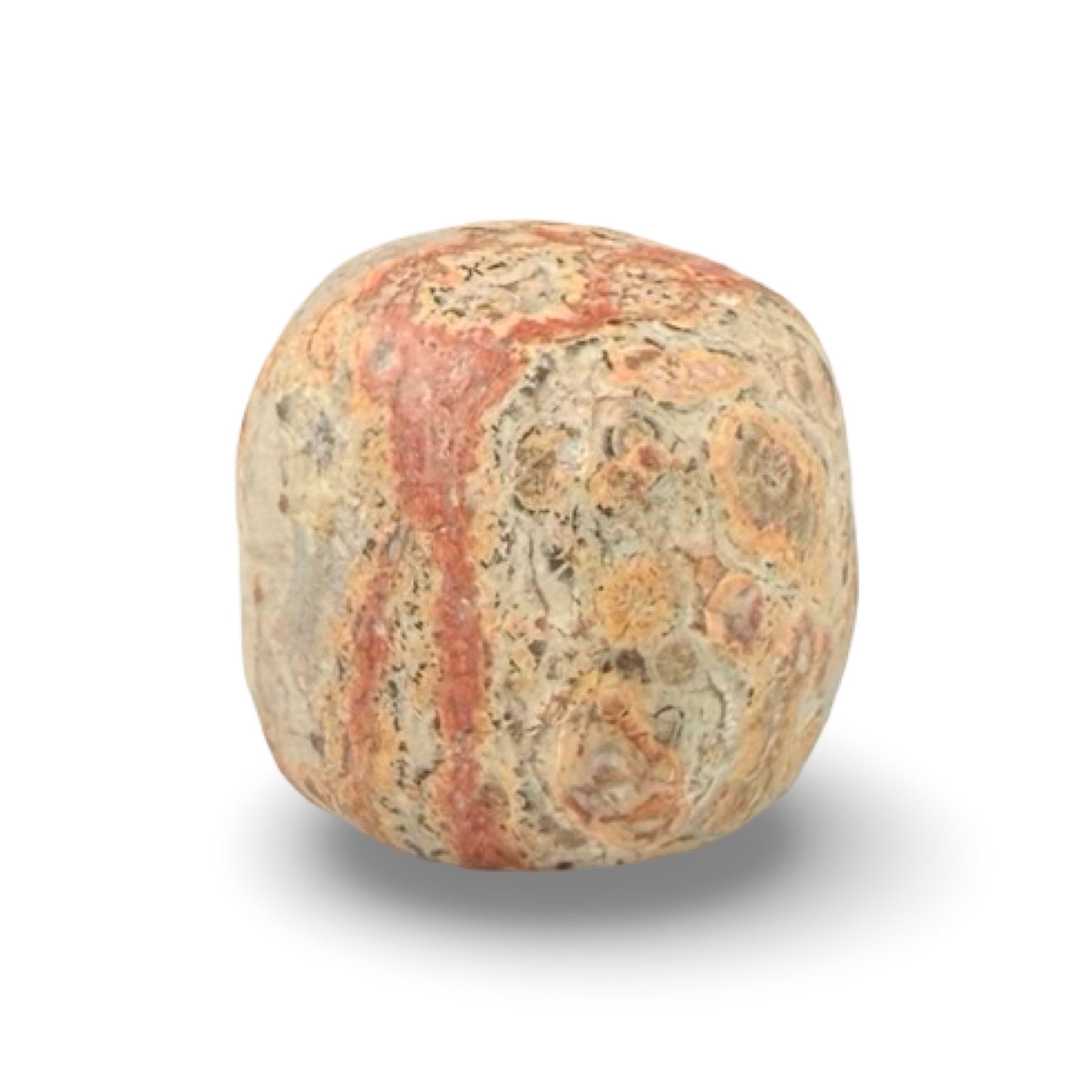 Tumbled Leopard Skin crystal on white background, showing its unique spotted patterns.