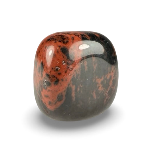 Tumbled Mahogany Obsidian crystal on white background, showing rich brown and black patterns.