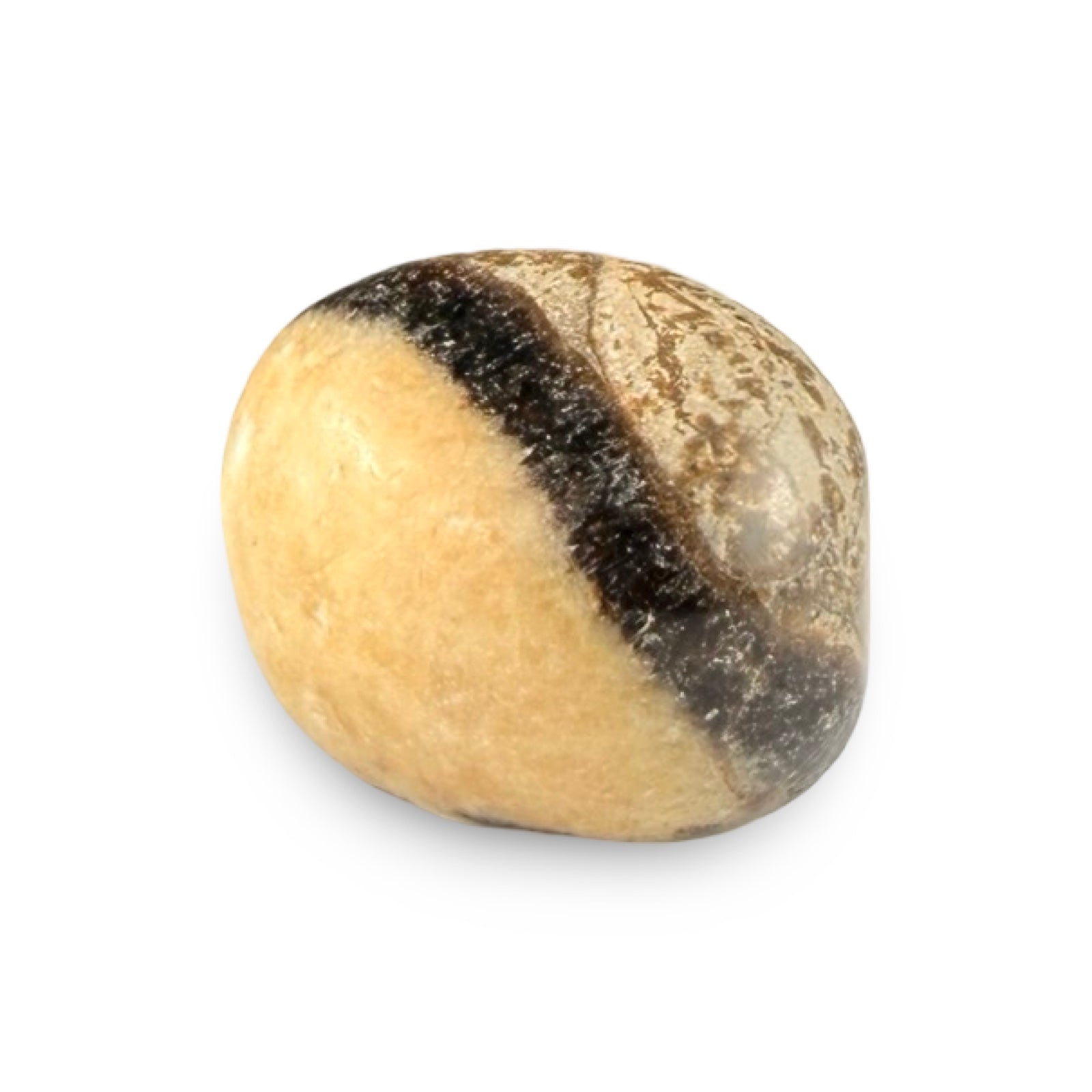 Tumbled Septarian crystal on white background, highlighting its earthy brown and yellow patterns. Perfect for healing, meditation, or display.